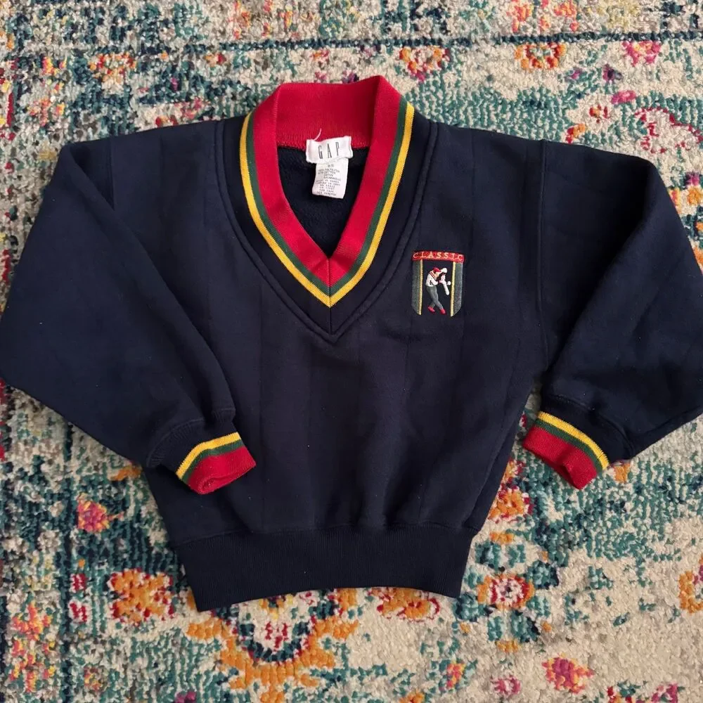 Vintage 90s GAP Boys V-Neck Sweater Classic Embroidery Sports Size XS